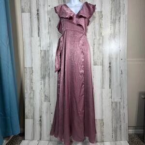 Lulu’s Mauve Shimmer Maxi Dress – Flutter Sleeve Off Shoulder Evening Size XS